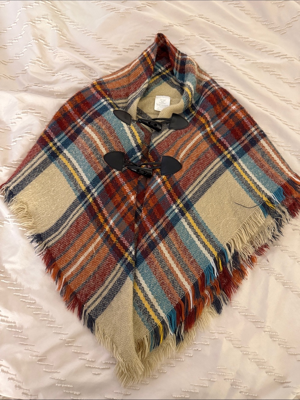 Plaid Toggle Poncho in Rust, Teal & Cream - Picture 1 of 14